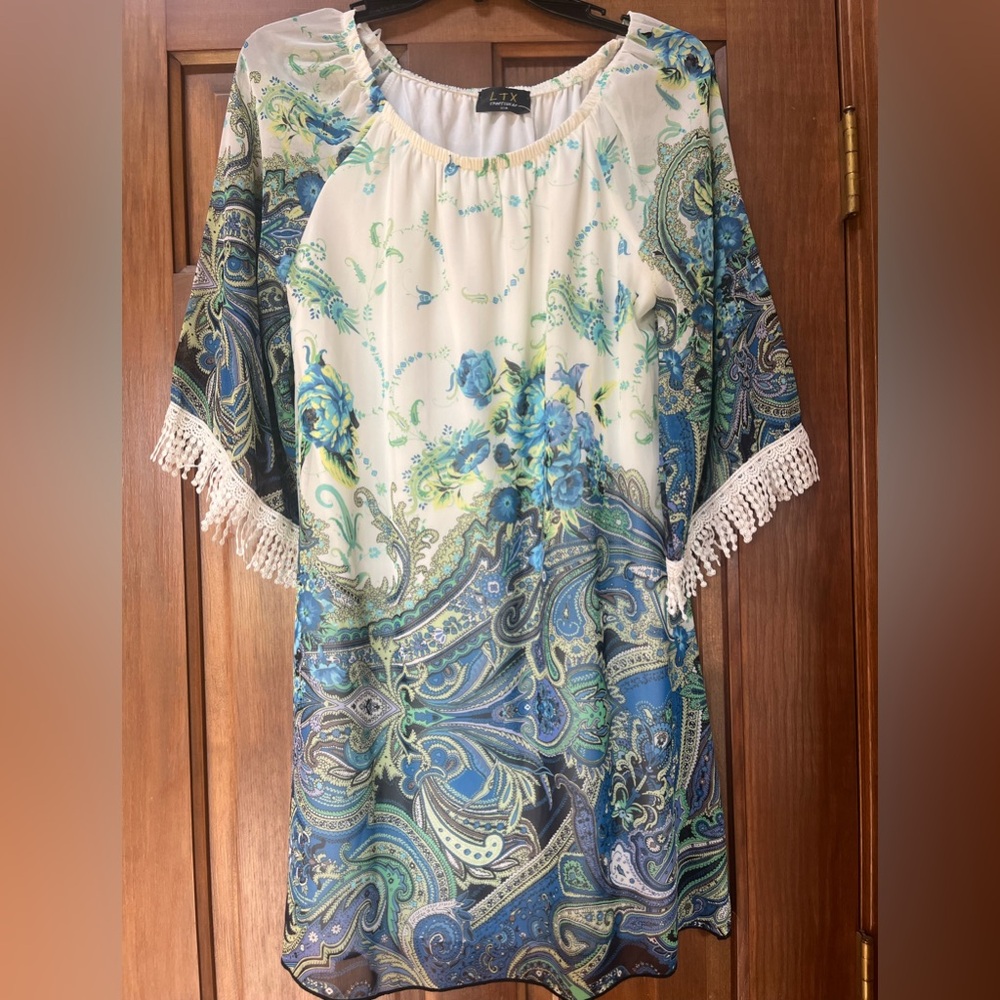 Boho Floral Paisley Tassel Dress - Blue, White, Green. Small Brand New.